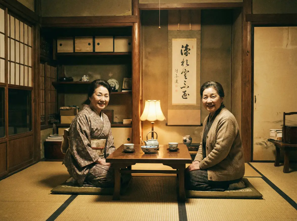两位优雅的 午夜久久福利 在日式茶室中品茶交谈